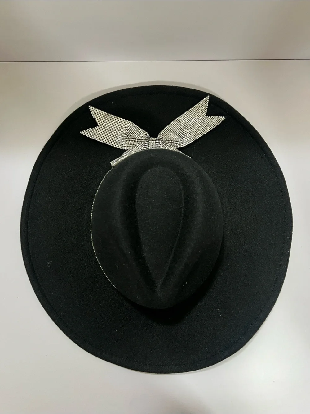 Black Wide Brim Fedora Hat Rhinestone Bow Statement Western Glam